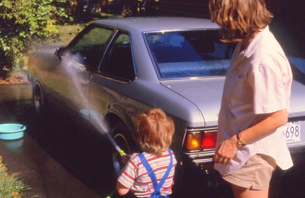 Geoffrey helps Aunt Karen wash her Car